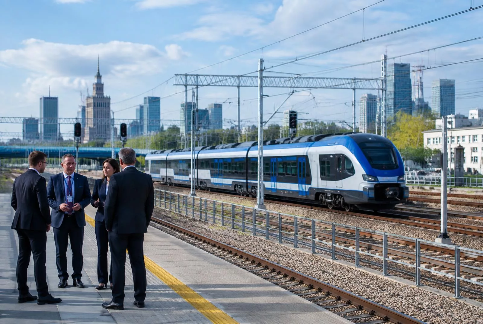 Przedstawiciele branży kolejowej na tle warszawskiej infrastruktury kolejowej